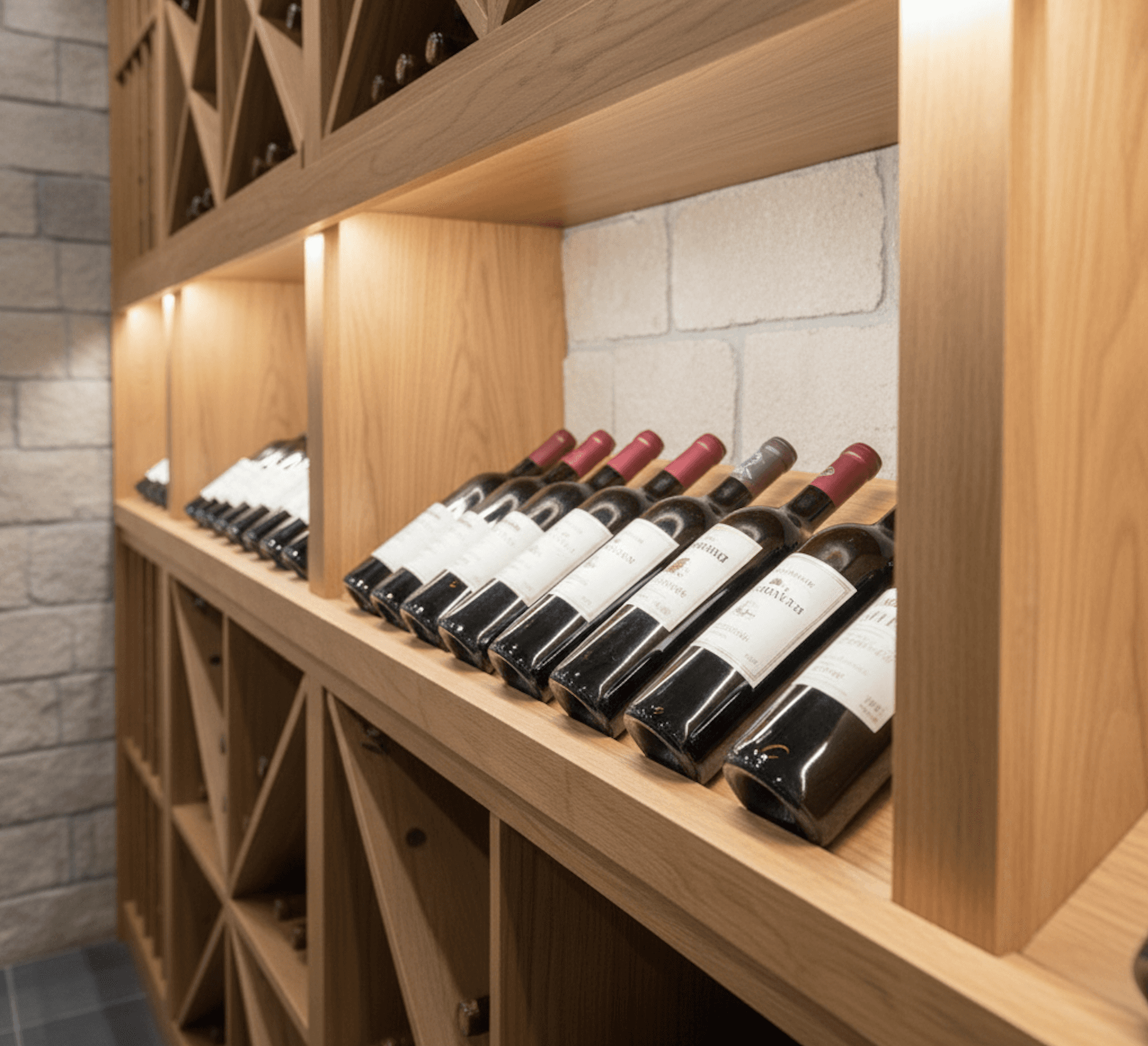 Angled view of illuminated bottle displays in solid white oak against stone walls and dark porcelain flooring.