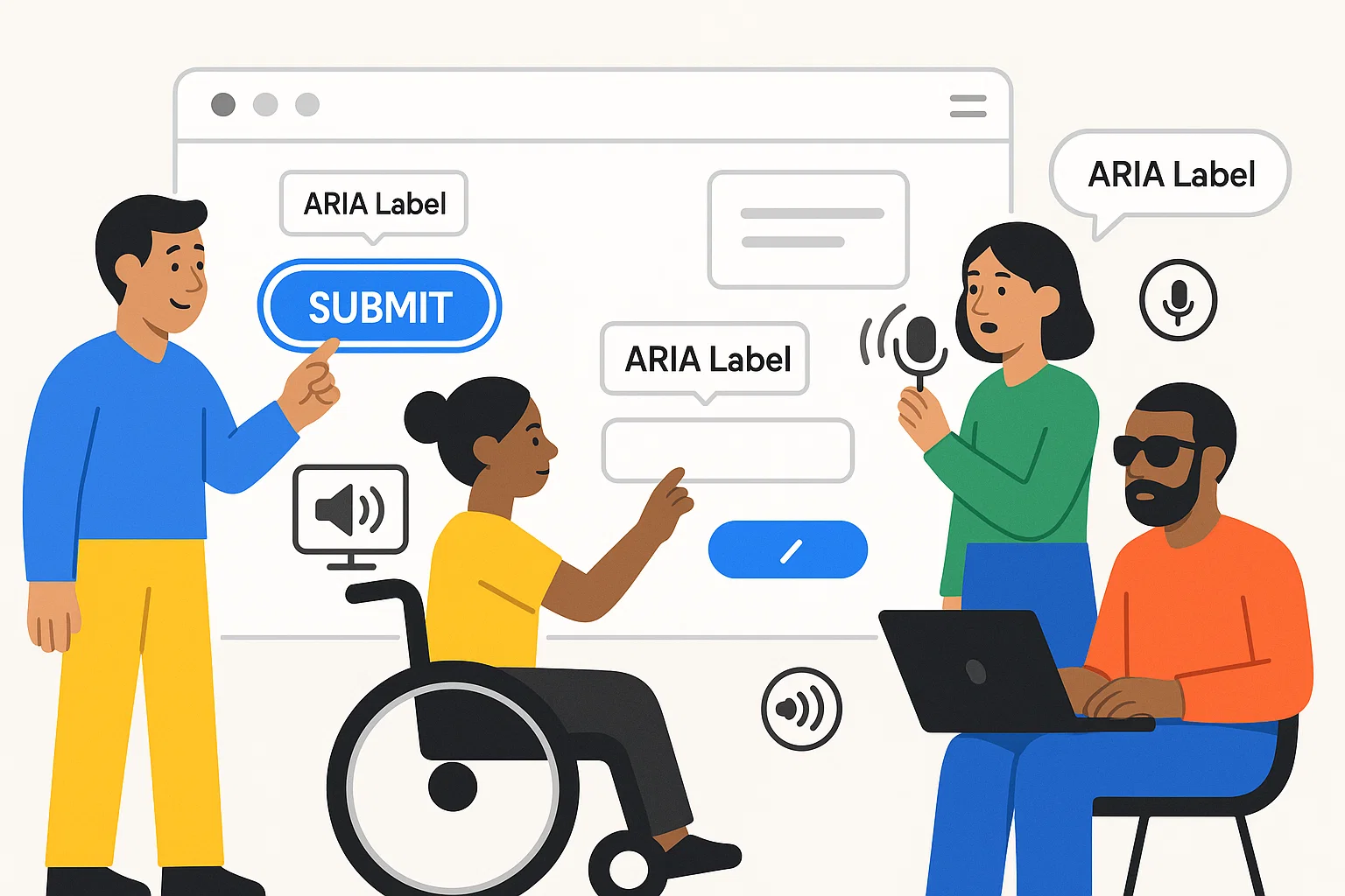 Illustration of diverse developers implementing Angular ARIA accessibility labels for inclusive web applications with voice and screen reader support.