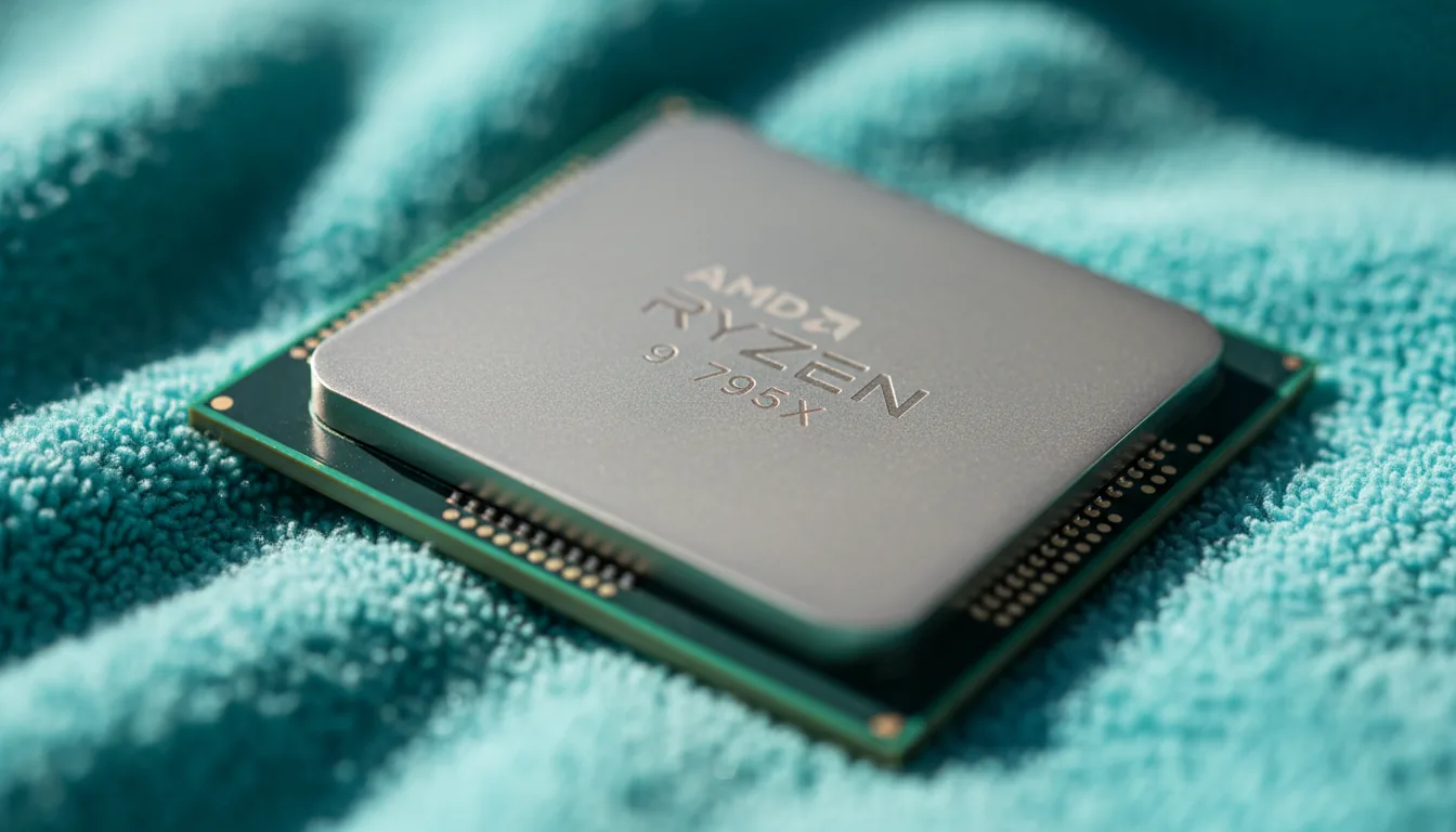 Macro DSLR photography of an AMD Ryzen 9 7950X CPU resting at an angle on a textured turquoise microfiber cloth. Soft, diffused natural daylight illuminates the scene, highlighting the brushed metal texture of the integrated heat spreader. The focus is tack-sharp on the laser-etched branding and technical markings, with a shallow depth of field creating a soft bokeh effect on the fabric in the foreground and background. The dark green PCB substrate and tiny gold contacts are visible along the edges of the processor.