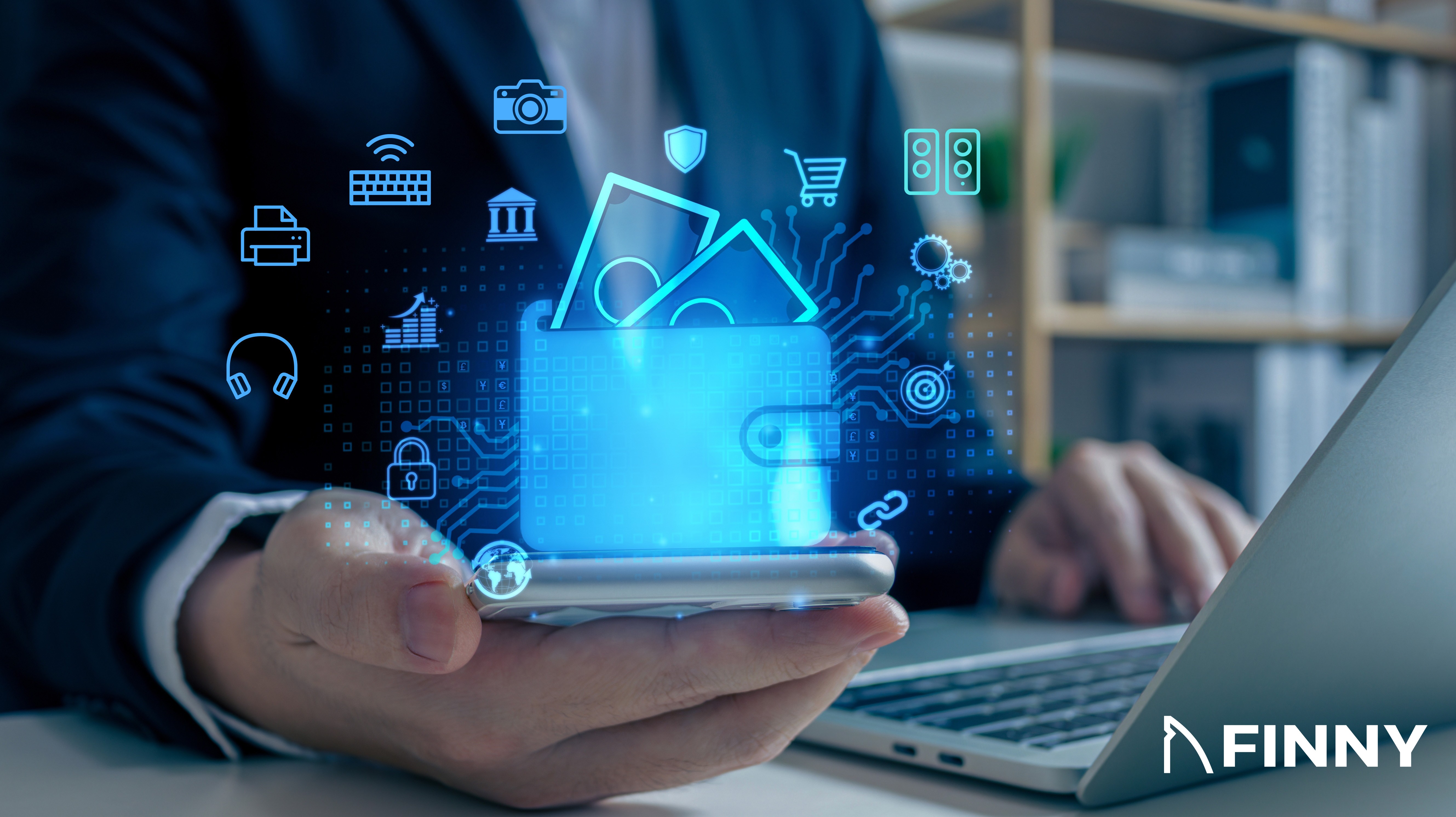 A close-up of a person’s hand holding a smartphone displaying a glowing blue wallet icon surrounded by digital icons representing shopping, banking, and security. The FINNY logo is visible in the bottom-right corner.