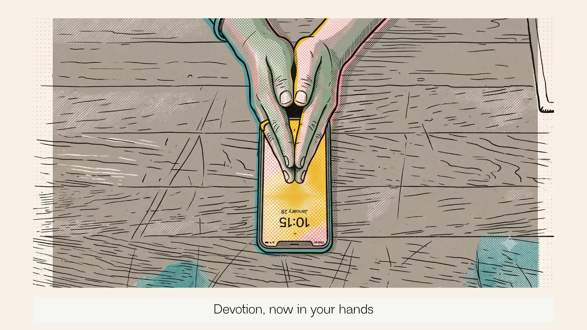 A pair of folded hands with a small screen glow on them.