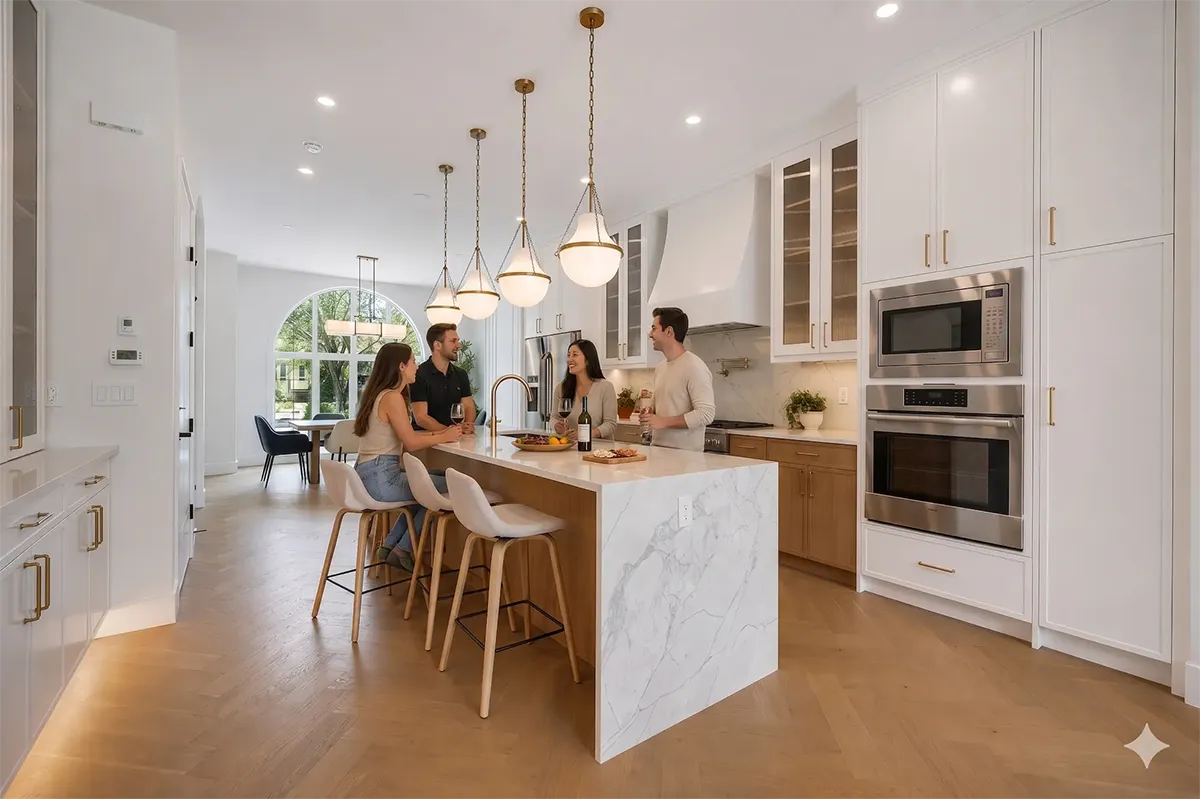Open-concept living and dining area with floor-to-ceiling windows