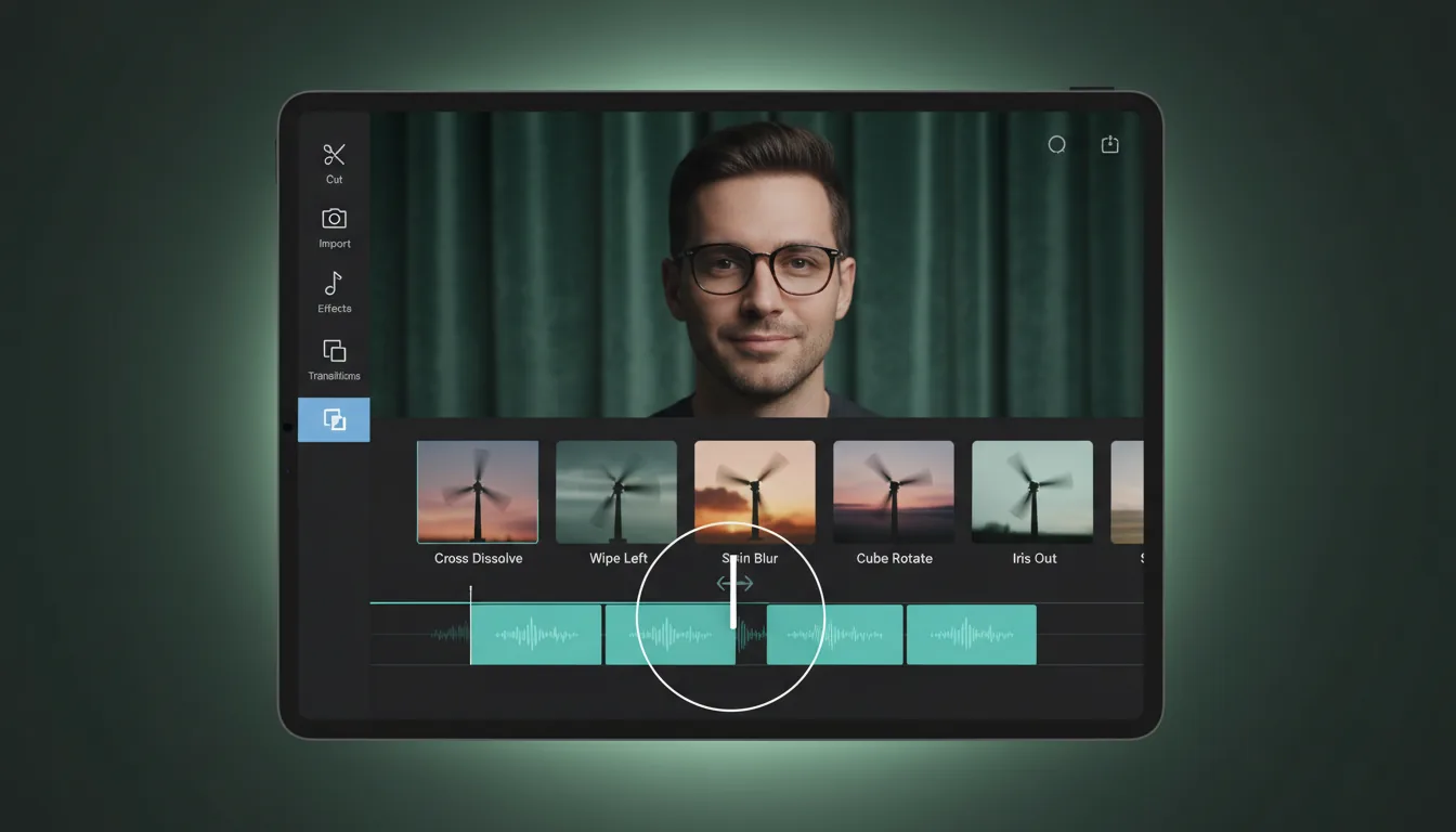 A screen capture of a video editing software interface for an iPad, Modern Dark Mode UI, professional aesthetic. A vertical toolbar on the left has simple white icons for editing tools, with the "Transitions" section selected. A central grid displays video transition thumbnails featuring a windmill. In the foreground, a magnified floating timeline editor shows teal-colored video clips with a white playhead over a transition point. The main video preview in the background shows a portrait of a man wearing glasses against a green curtain, with a subtle, soft light-green gradient glow behind the UI panels.