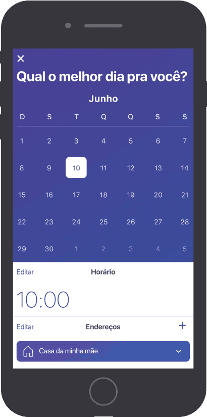 The image shows a mobile phone screen with a scheduling interface. The screen displays a calendar for June, with the 10th highlighted. The text at the top asks, "What is the best day for you?" Below the calendar, there is a section to edit the time, currently set to 10:00. There is also an option to edit the address, with "My mother’s house" selected.