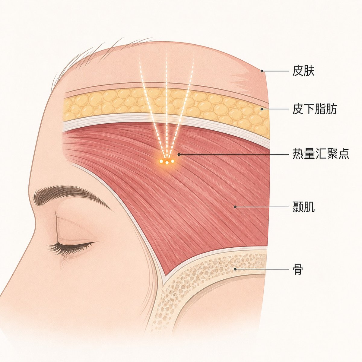 太阳穴部位的断面图，标出皮肤、皮下脂肪、颞肌与骨的位置，以及超声波热量汇聚的深度