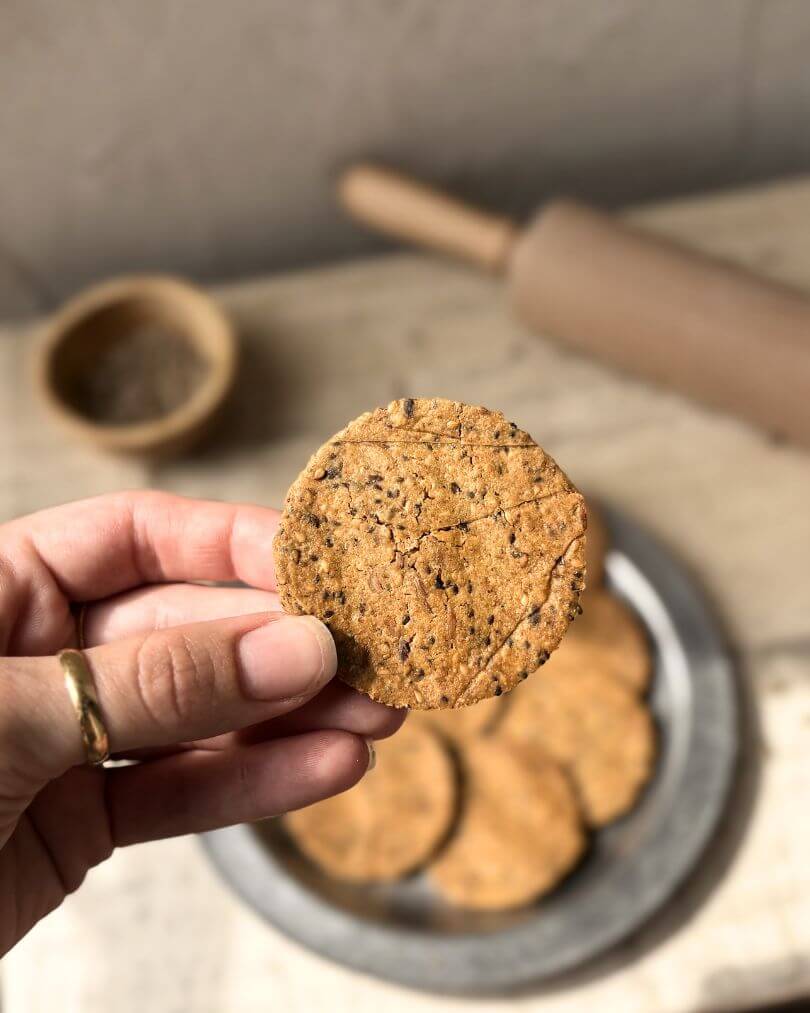close-up image of a parmesan seed cracker