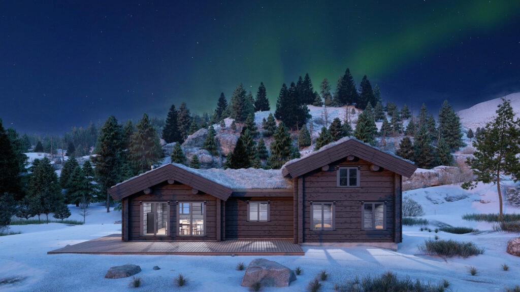 Compact Log Cabin LC76 with a loft area and sauna, surrounded by a serene natural setting