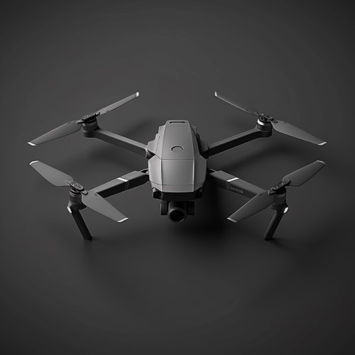 Eine dunkelgraue Drone, welche auf einem dunkelgrauen Boden steht.