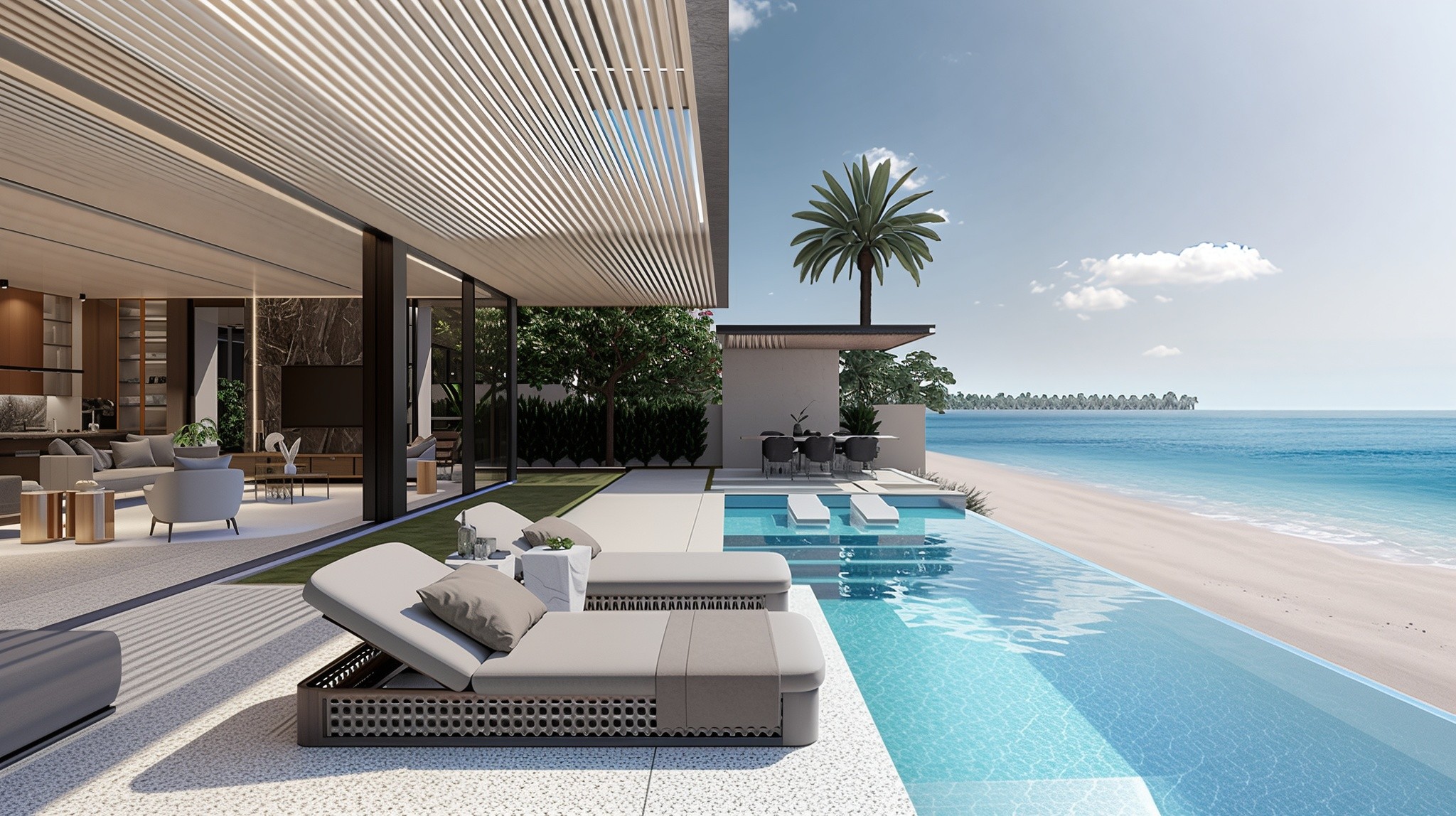 A modern beachfront home featuring a pool and lounge chairs, showcasing the elegance of signature villas.