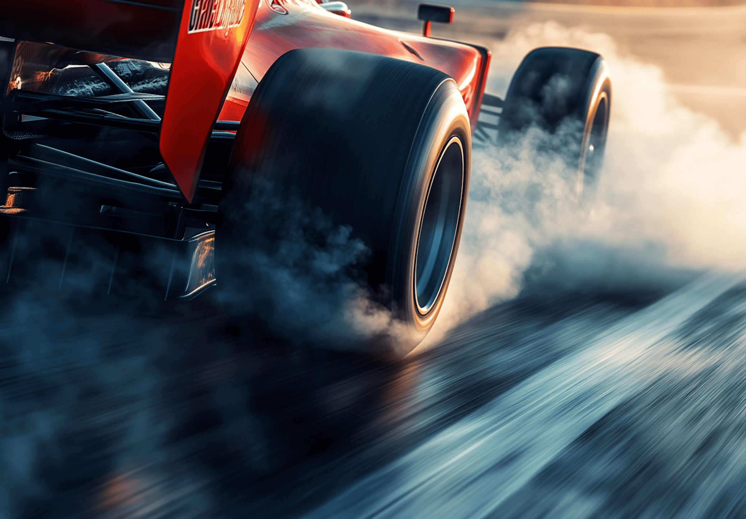 Rear view of a race car drifting with tire smoke