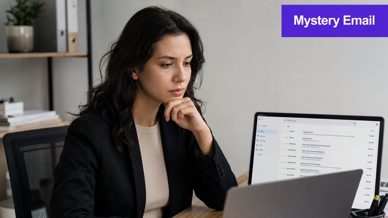A professional woman in a dark blazer reviews her email inbox on a laptop screen.