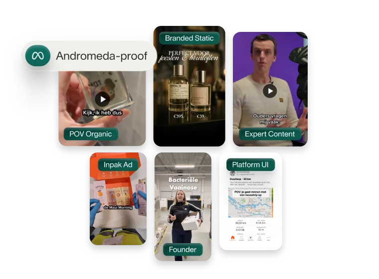 Andromeda-proof logo met voorbeelden van merkinhoud inclusief POV Organic video, Branded Static productfoto's, Expert Content, Inpak Ad, Founder interview en Platform UI design
