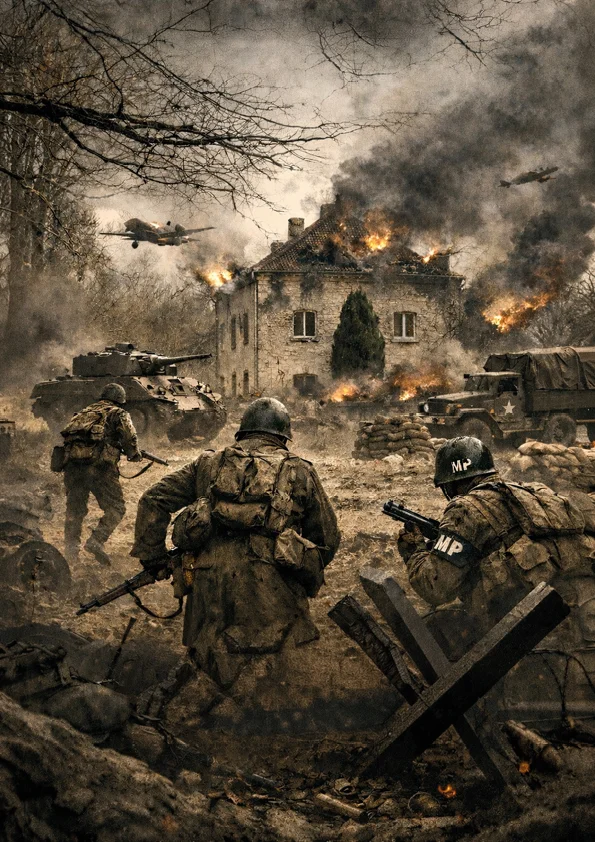 Décor immersif de la chambre La Chute de la Tuilerie inspirée d’un film de guerre au gîte La Tuilerie du Cinéaste