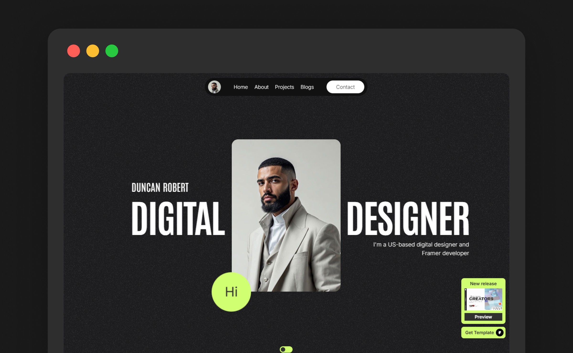 Portavia free Framer portfolio template — dark digital designer homepage with green accents and a Blogs navigation link