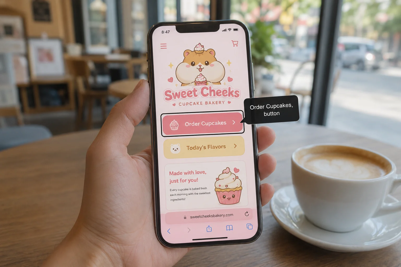 A hand holding a phone showing a cupcake bakery website where a screen reader highlights the "Order Cupcakes" button and announces it as "Order Cupcakes, button," demonstrating an accessible, properly labeled button.