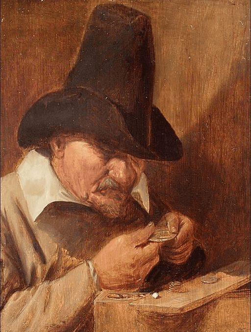 A man in a large hat is closely examining a small object with focused attention, surrounded by warm tones.