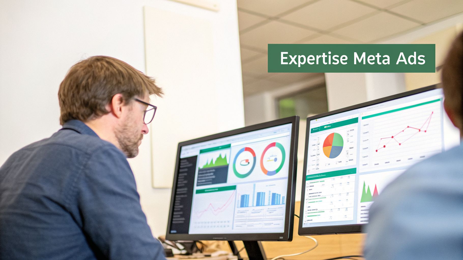 Un homme analyse des tableaux de bord et des graphiques sur deux écrans d'ordinateur, affichant des données professionnelles.