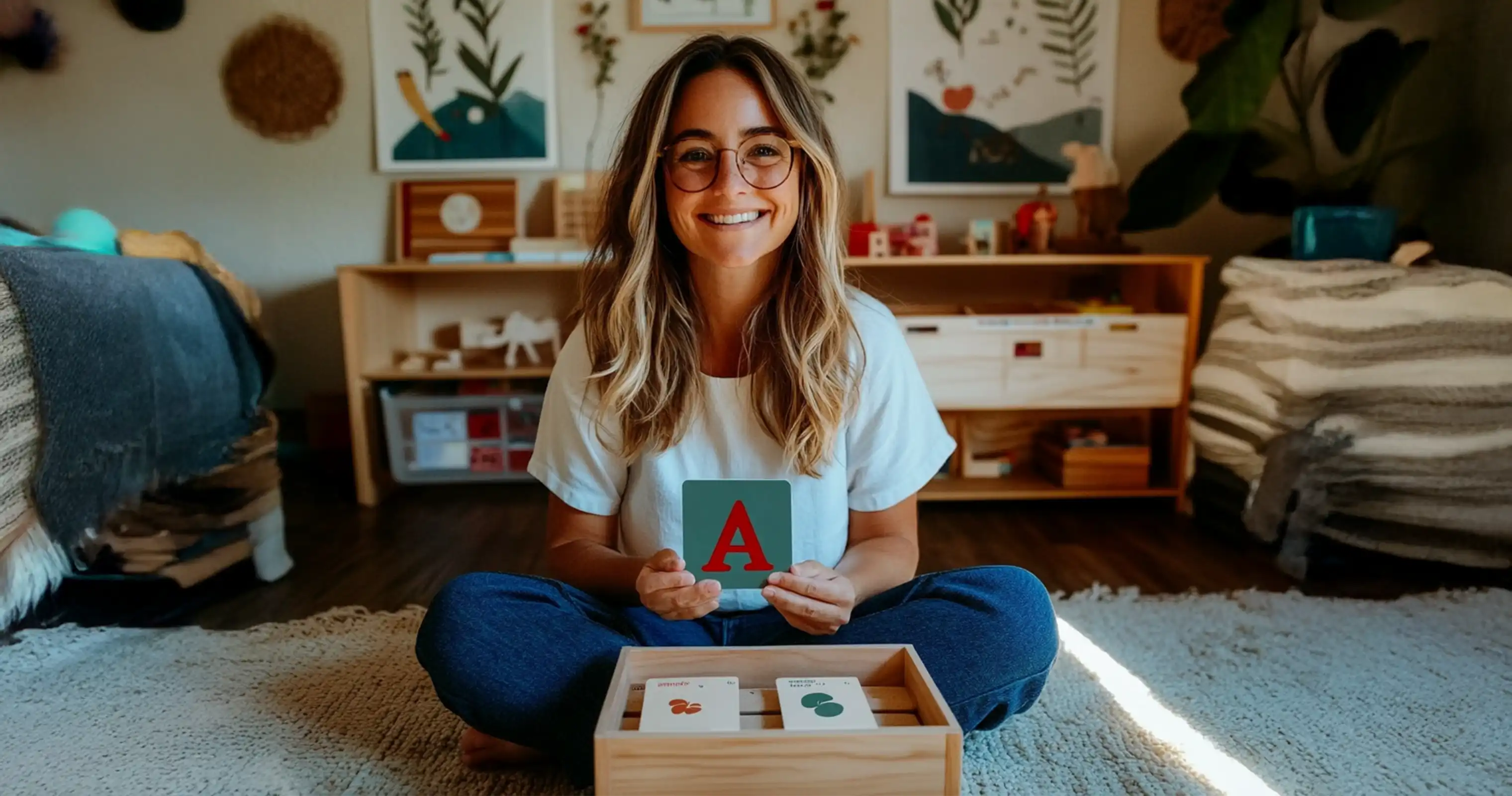 A cheerful tutor sitting on the floor holding a flashcard, showcasing engaging and personalized learning support for children.