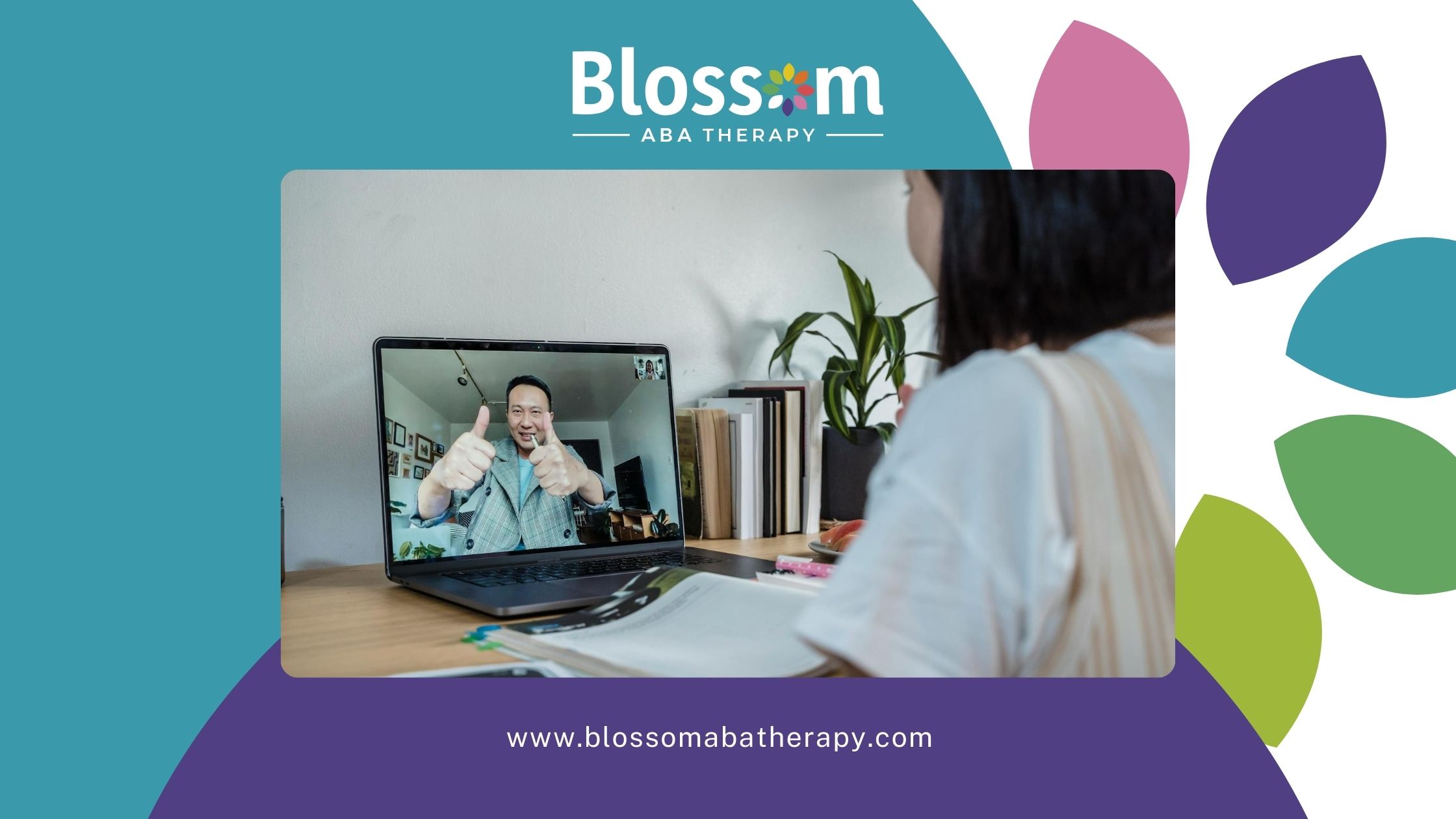 An ABA therapist on a laptop screen giving a thumbs-up during a remote ABA therapy in Tennessee.