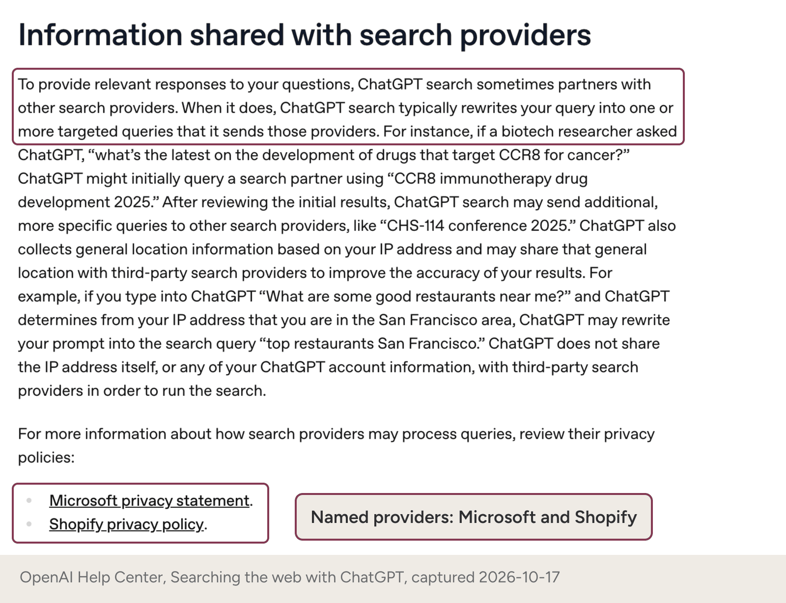OpenAI's help page: ChatGPT sends rewritten queries to search providers and lists Microsoft and Shopify.