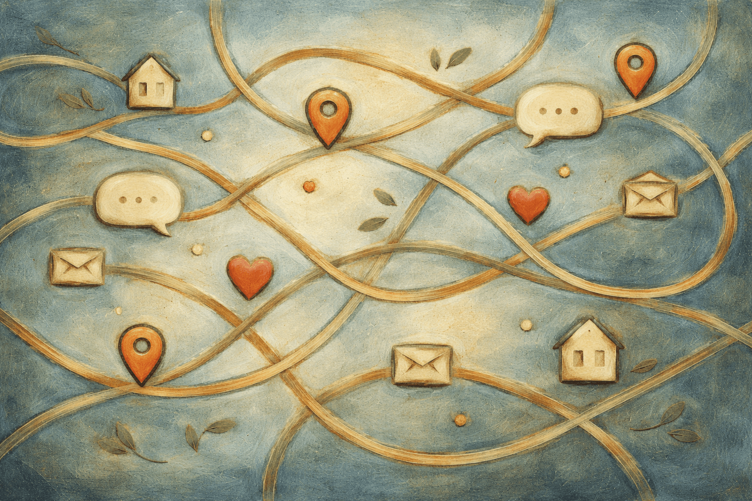 Illustration mit abstrakten Linien, die Häuser, Nachrichten-Symbole, Standortmarkierungen und Herzen miteinander verbinden. Darstellung von Kommunikation, Vernetzung und Gemeinschaft.