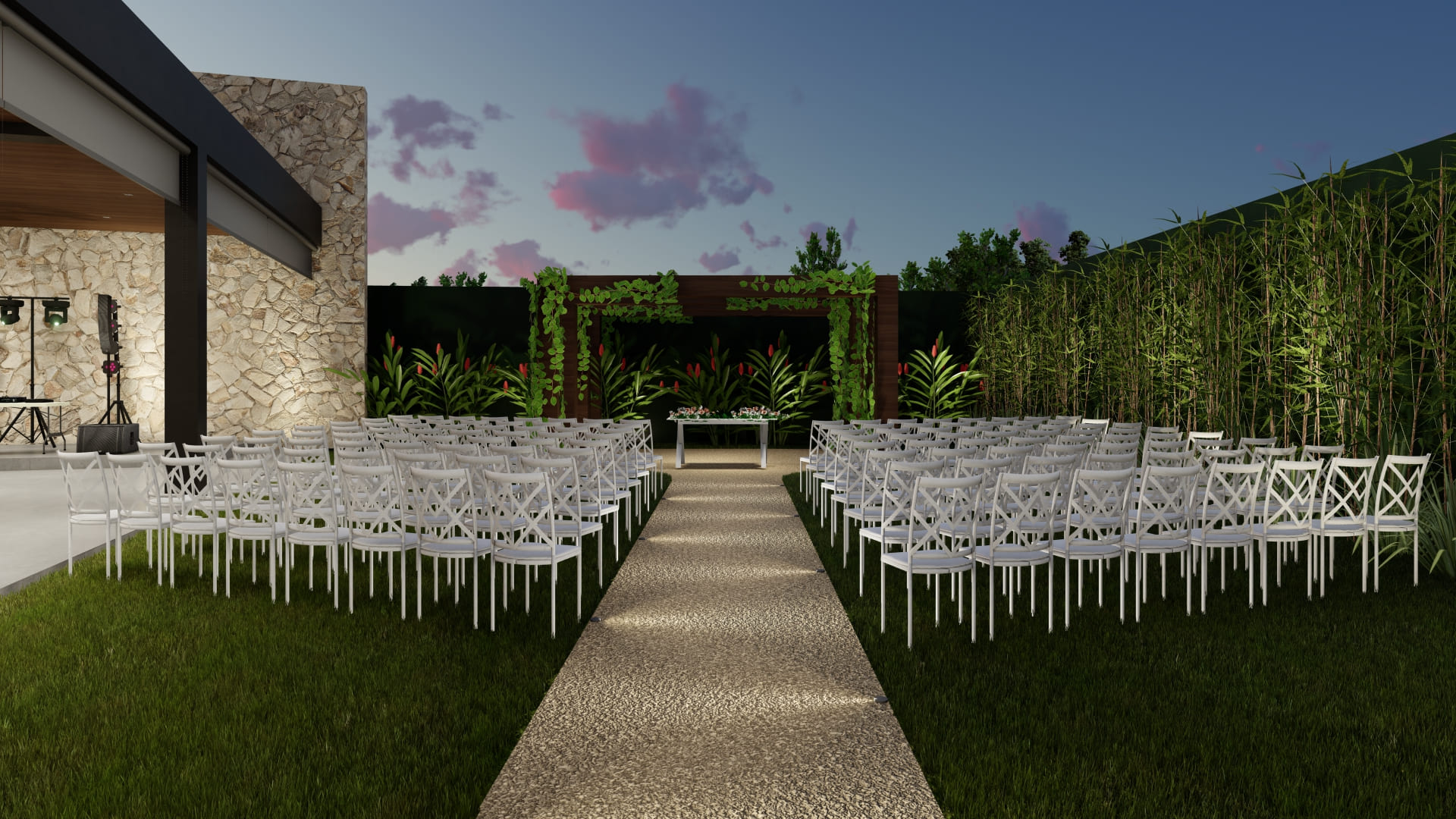 Projeto arquitetônico de casa de festas desenvolvido pela Meraki Arquitetura, com salão principal, forro curvo e claraboia voltada para o sol da manhã.