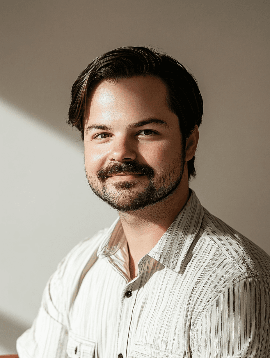 Man with short dark hair and a beard wearing a light shirt, smiling at the camera.