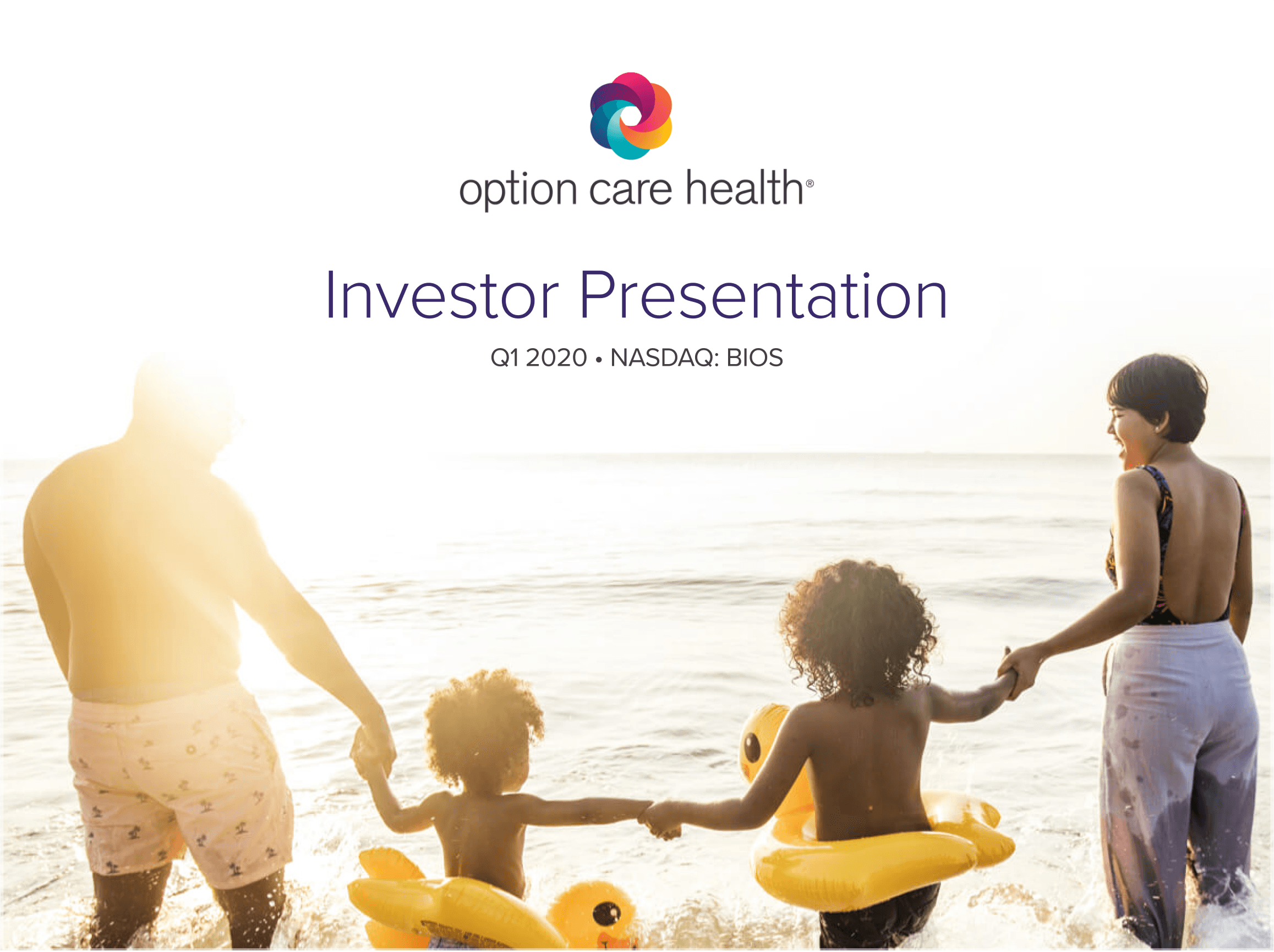 Option Care Health title slide with an ethnic family on the beach