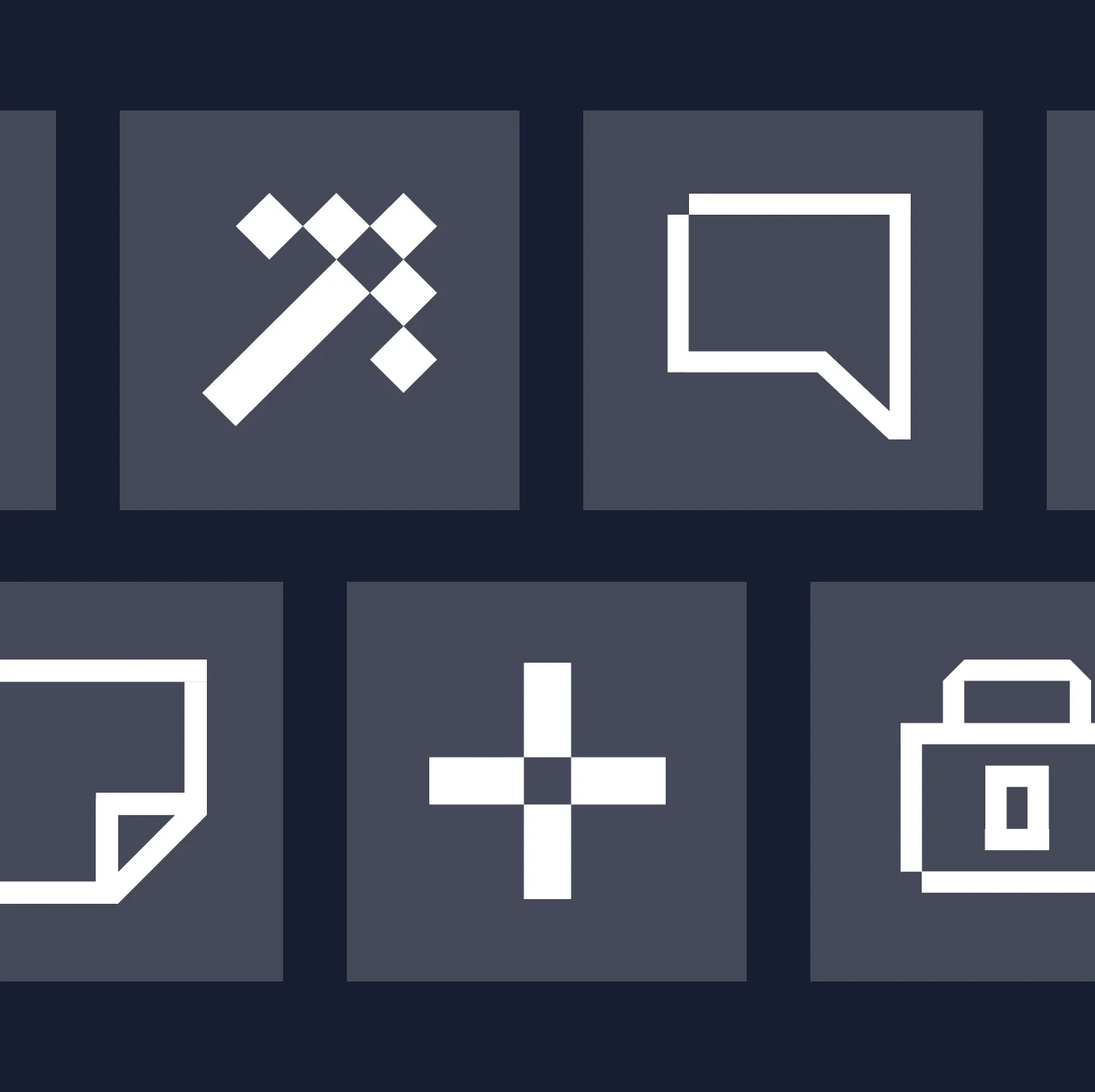 babelforce pixel-style icon set showing tools, chat, document, move and lock symbols on a dark navy background