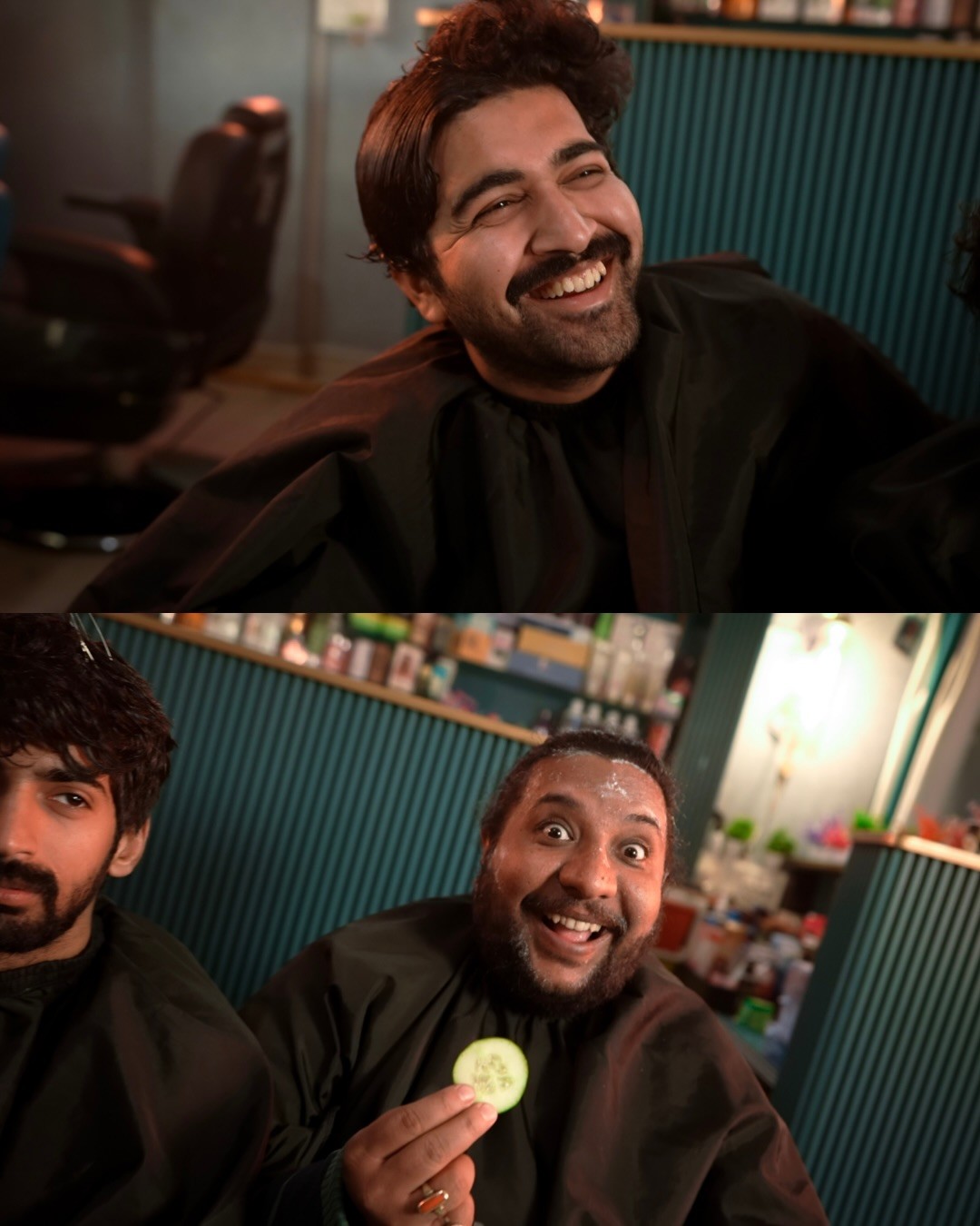 Profile portrait of a blonde woman in a white blouse with red earrings against a deep blue background.