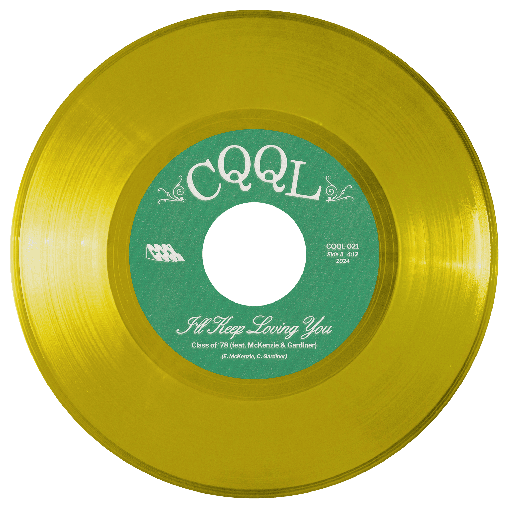 Clear yellow color vinyl record with green label on a white background