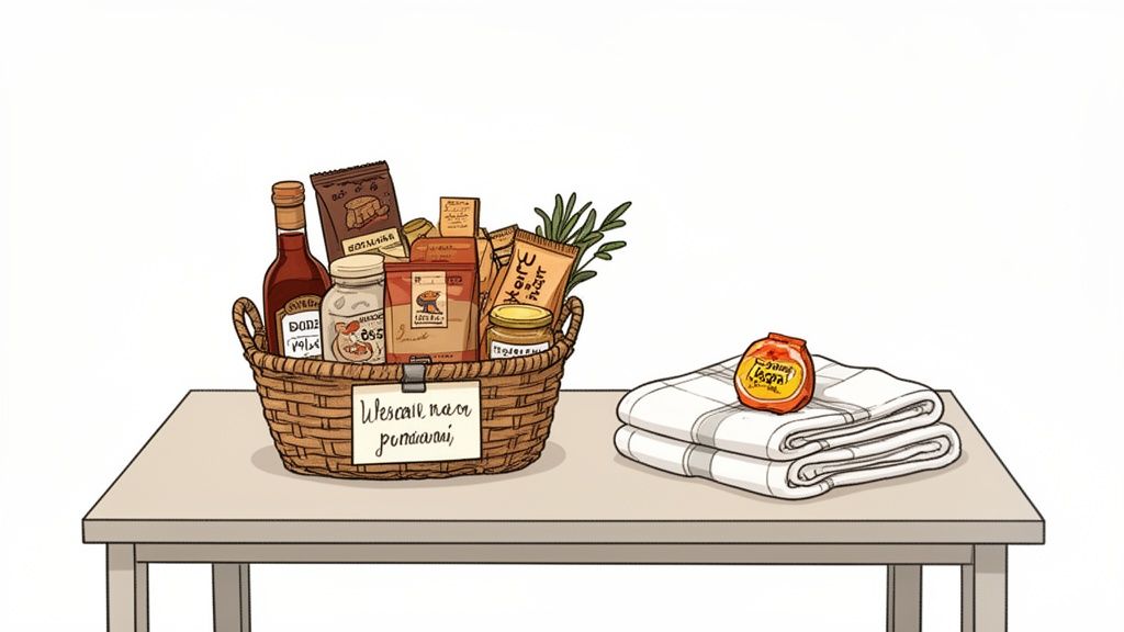 A brown wicker basket filled with food items and a sprig of rosemary, next to stacked white towels and a small jar.