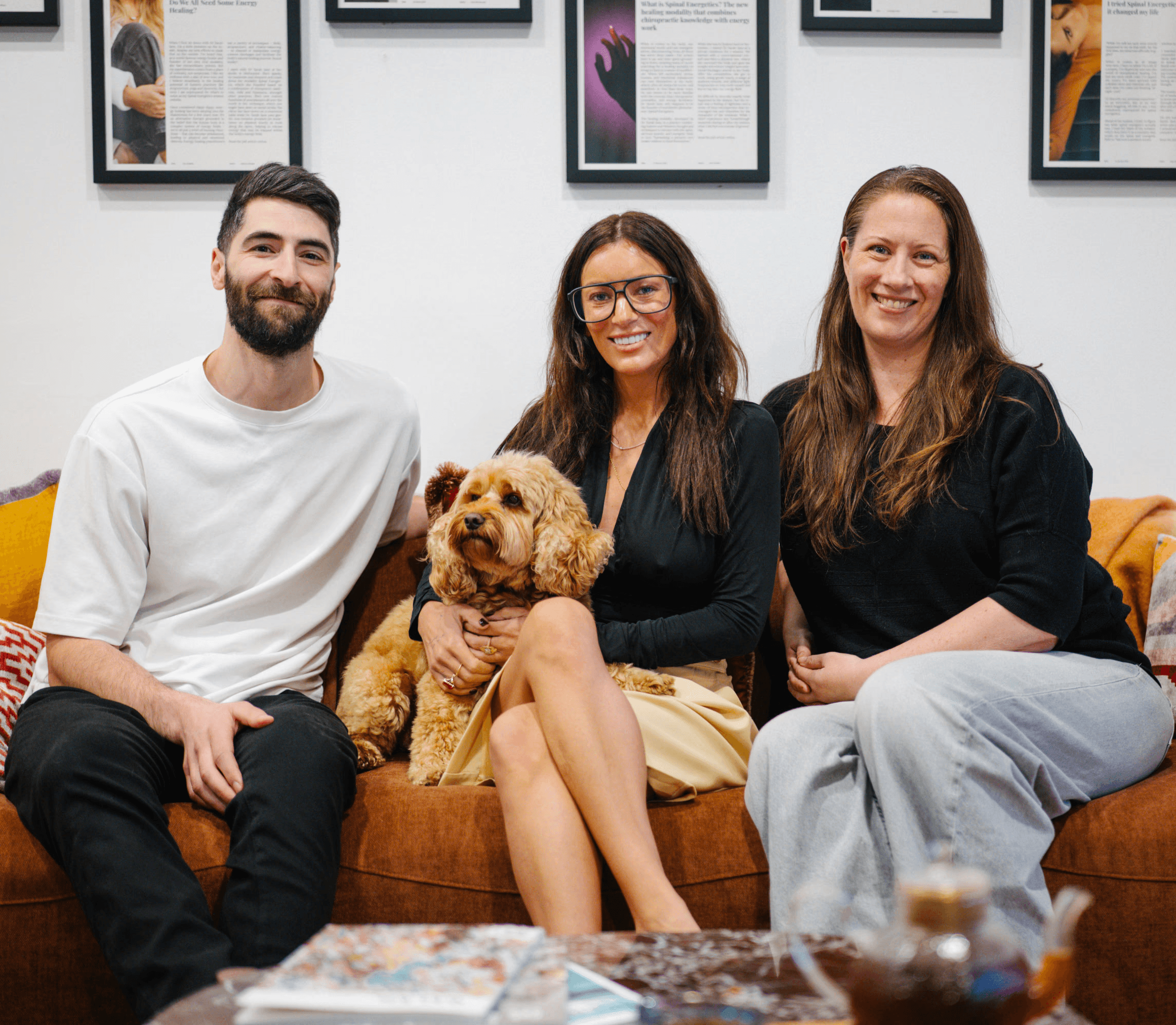 Spinal Energetics teachers: Pat, Dr Sarah Jane and Heidi with cavoodle Cooper