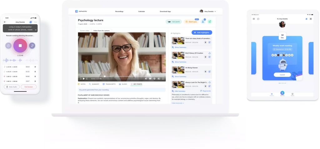 screenshots of Jamworks, a AI note taking app for college students