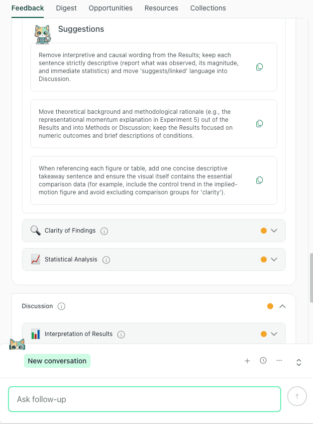 thesify results section feedback interface showing suggestions to remove interpretive wording