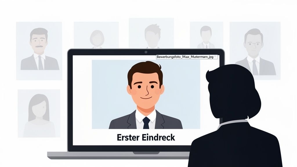 Eine Person betrachtet auf einem Laptop ein Bewerbungsfoto und bildet sich einen ersten Eindruck.