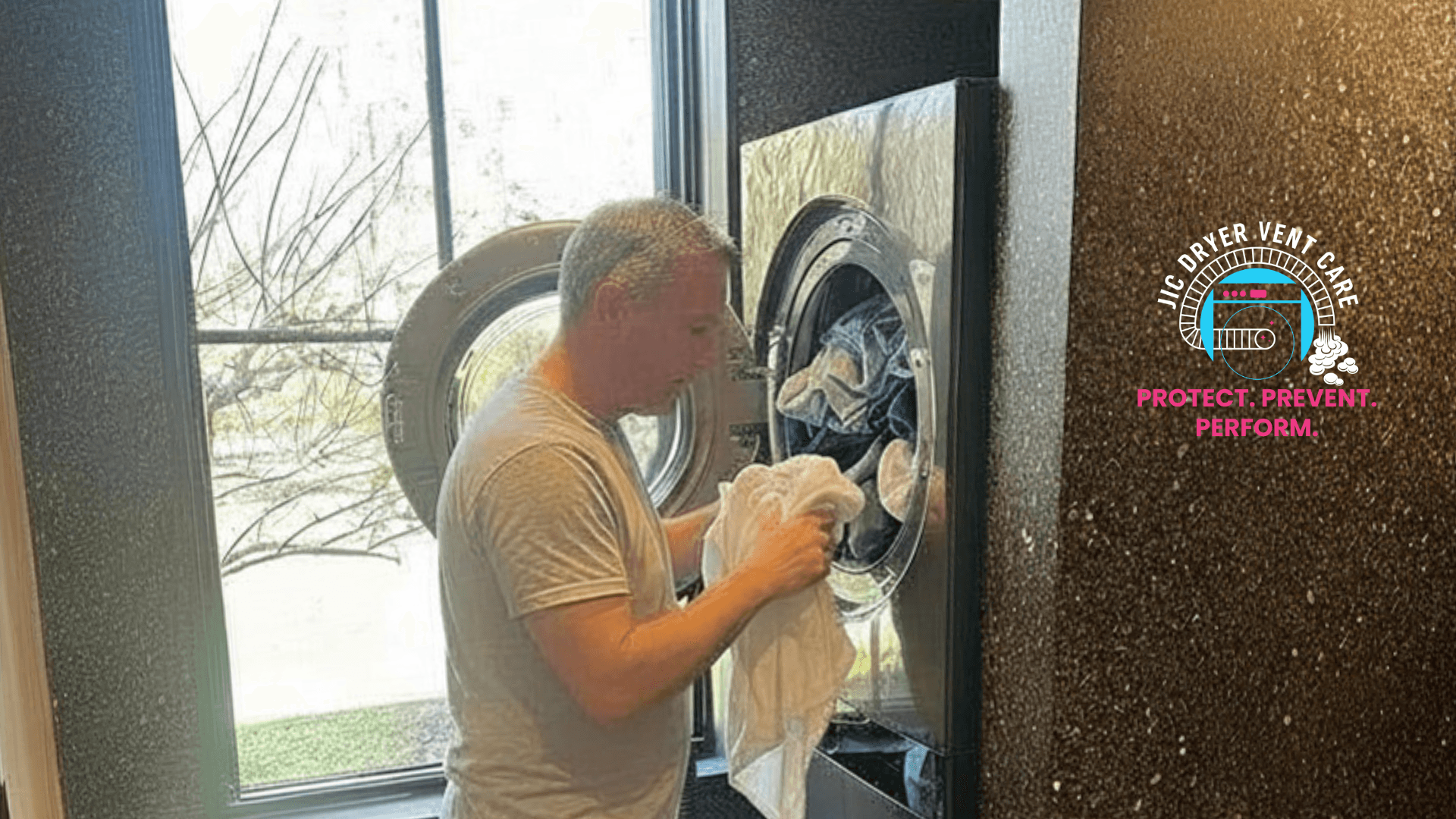Homeowner checking dryer vent because dryer taking too long to dry clothes