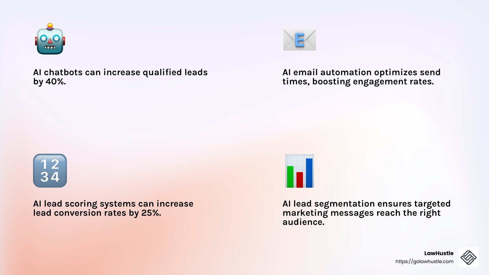AI-Powered Lead Generation Tools and Real-World Examples - AI lead management infographic with four key facts and emojis on a light gradient background.