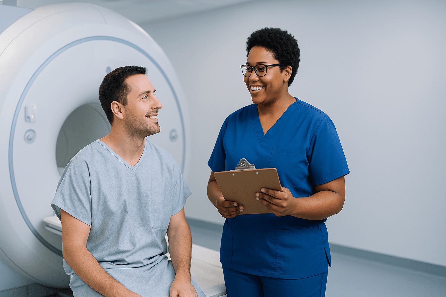 Friendly, diverse MRI technologist in blue medical scrubs smiling and speaking with a patient seated on a modern white MRI machine in a bright, spacious imaging suite. Clean clinical lighting, professional environment, and open negative space for text overlay. Ideal visual for articles on virtual contrast supervision, MRI workflows, and patient-centered imaging.