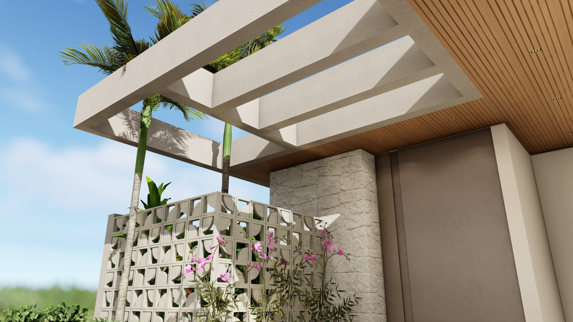 Nesse projeto, o destaque são os cobogós que percorrem a casa, inclusive o corredor. A sombra que eles projetam no piso muda conforme o sol e deixa o ambiente mais aconchegante.  Como complemento, a casa traz materiais naturais como a pedra e a madeira, que equilibram a composição e reforçam a conexão com a natureza.  Para a área gourmet, projetamos uma ilha de mármore, mesa redonda e aberta direto pro jardim, sendo uma área de lazer que se íntegra com a natureza. Inclusive, um detalhe é que a cozinha e o lado de fora dividem o mesmo teto de madeira.