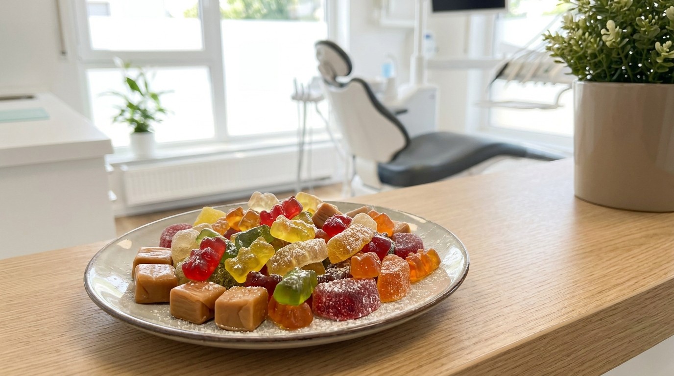 An assortment of sugary, sticky candies including gummies and caramels that can harm tooth enamel.