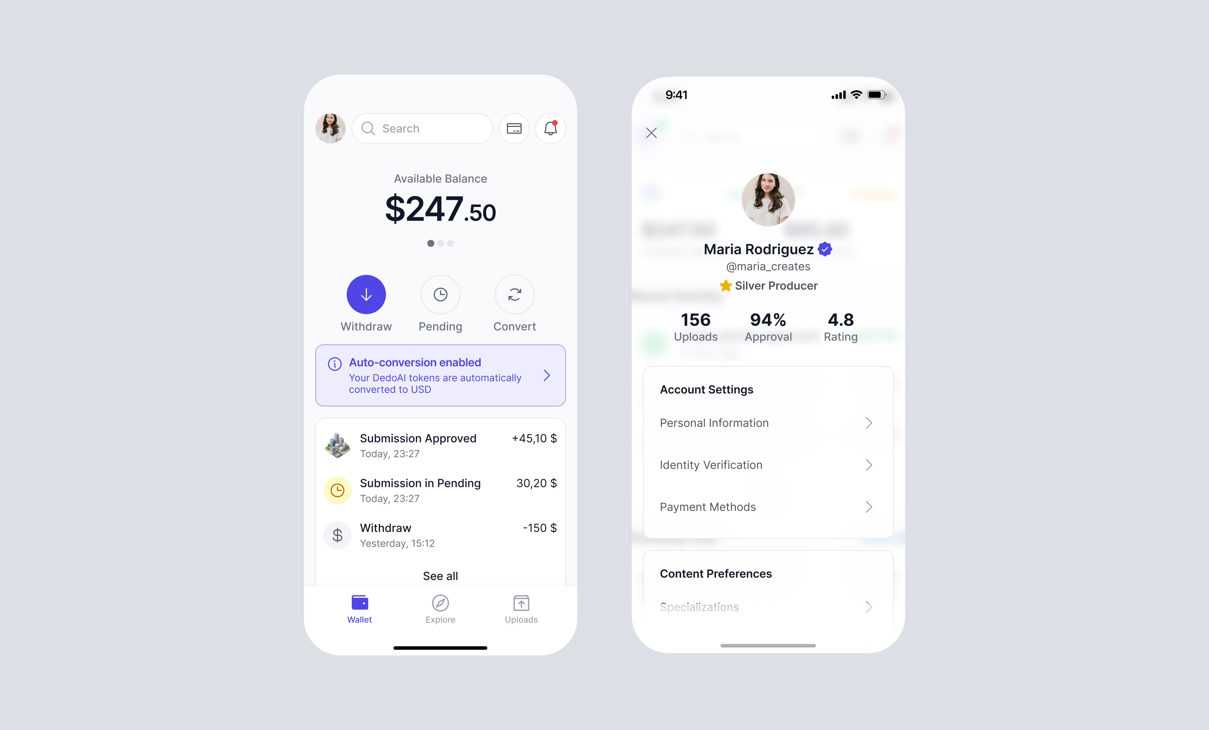 Mobile app UI showing financial details and user profile.
