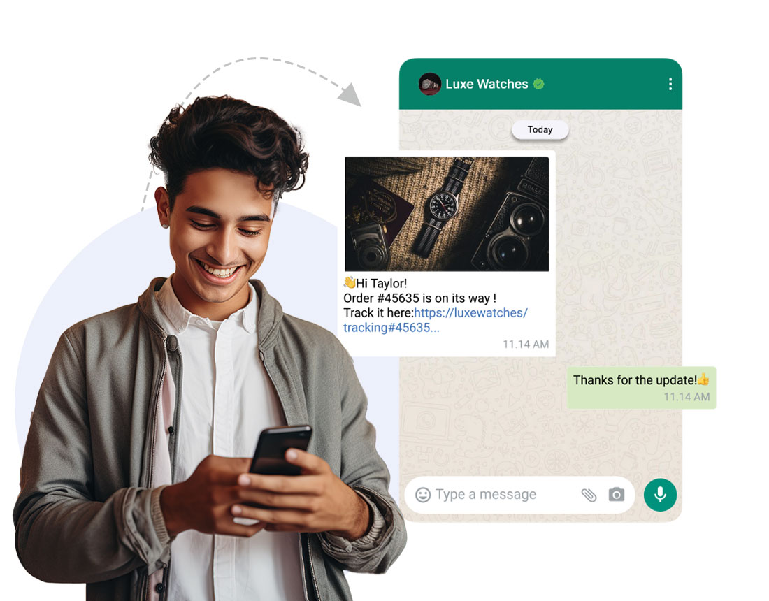 A genz male looking into a smartphone to buy a watch online and the screen of the mobile is shown in the background