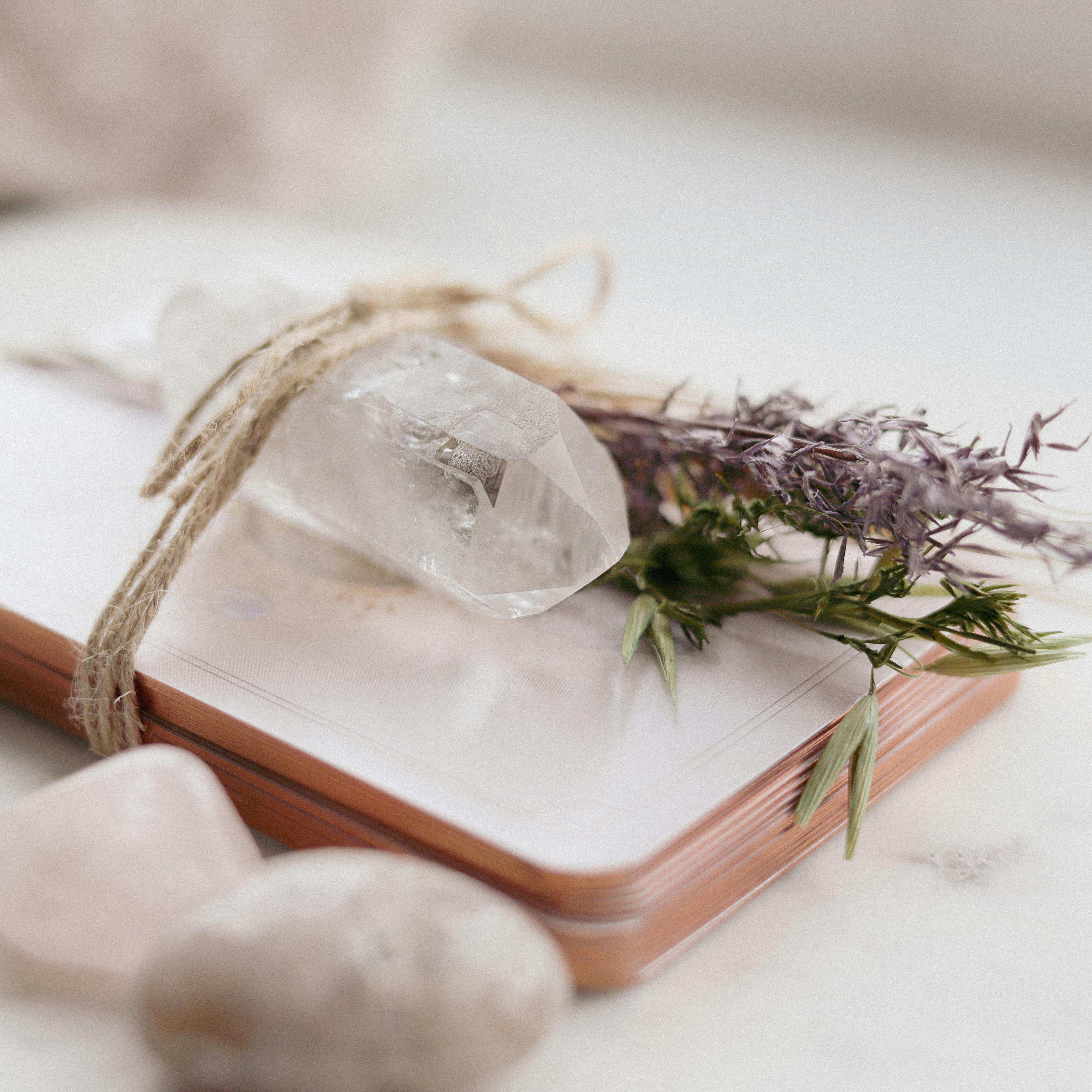 Crystal and dried herbs resting on a closed notebook.