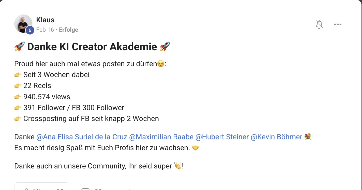 Erfolgsbericht KI Creator Akademie: Klaus erzielt 940.574 Views und fast 700 Follower in 3 Wochen