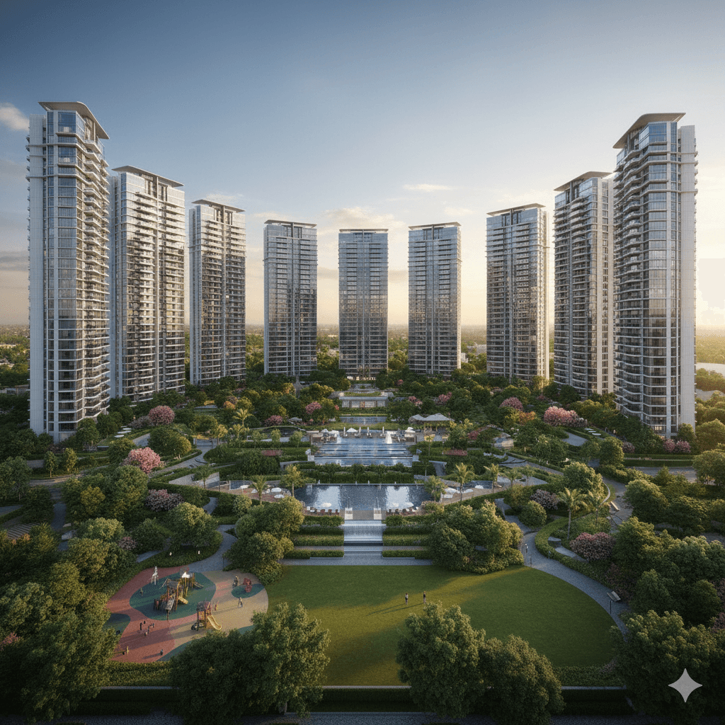 aerial view landscaped gardens residential project