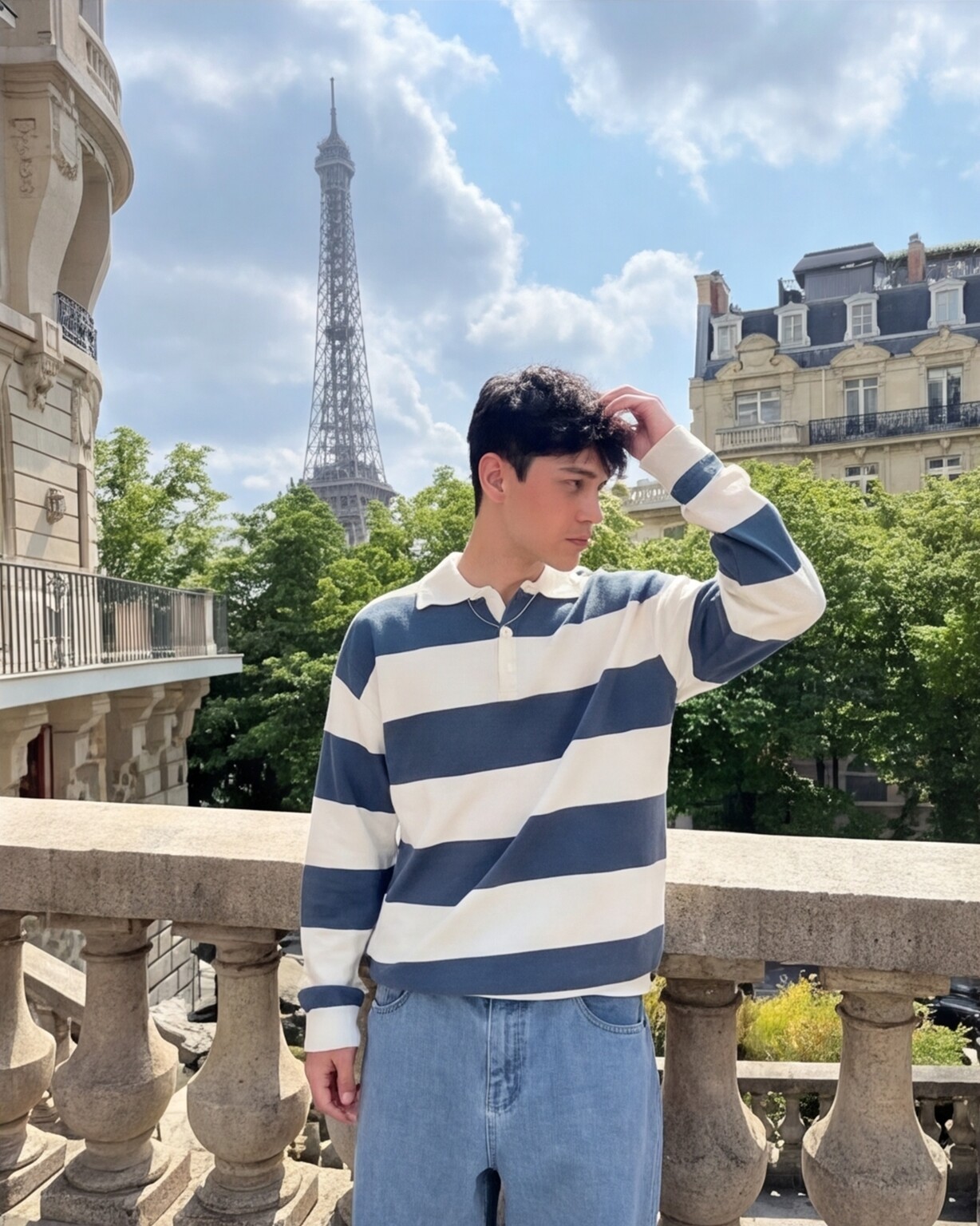 Blue Striped Rugby Tee with Relaxed Denim