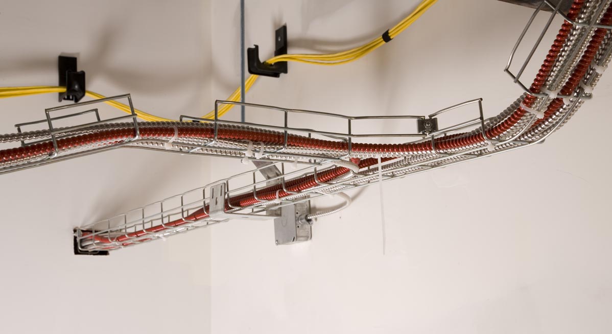Legrand Cablofil wire mesh cable tray system installed for structured cabling management in commercial building in British Columbia