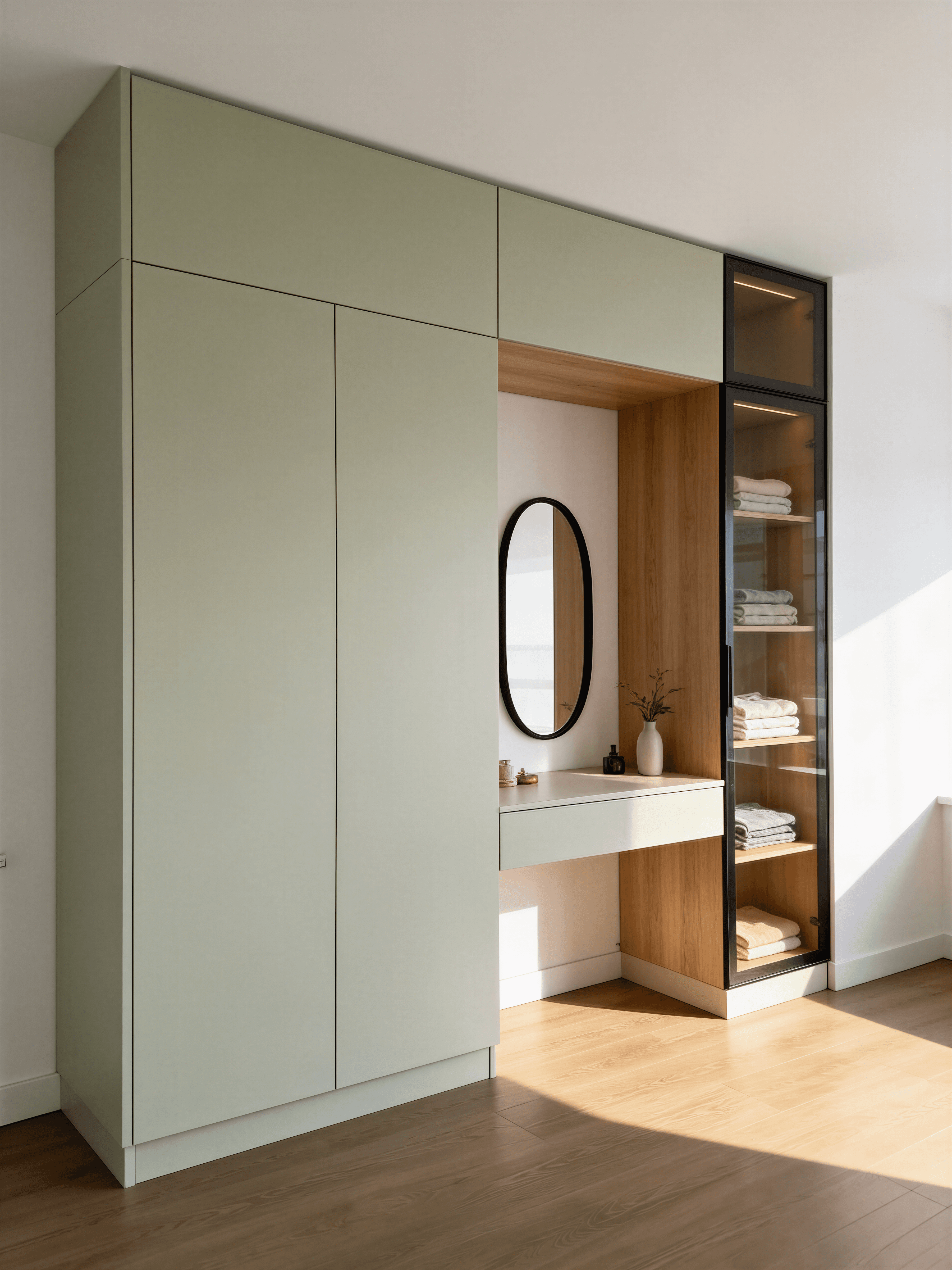 Dulap înalt bej cu nișă toaletă și oglindă rotunjită, accente din lemn, lumină caldă.