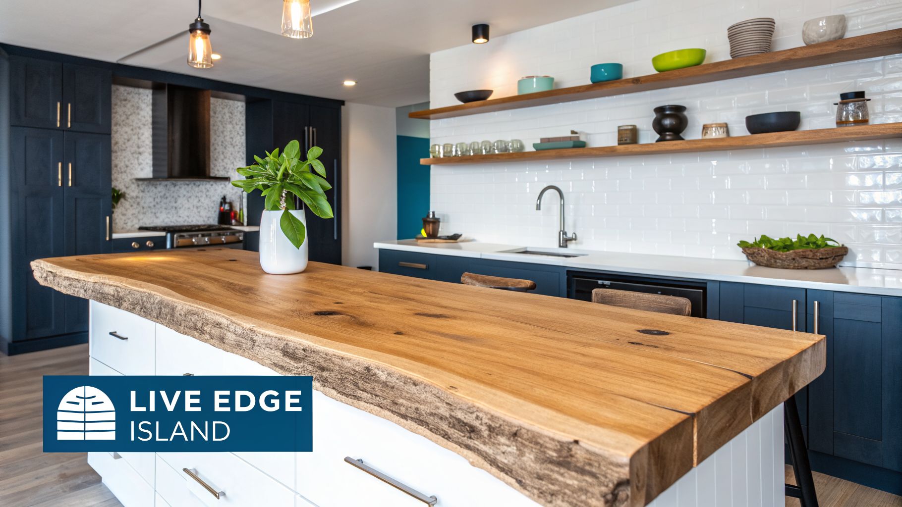 A modern kitchen with a live edge wood island, dark blue cabinets, white subway tile backsplash, and open shelving.